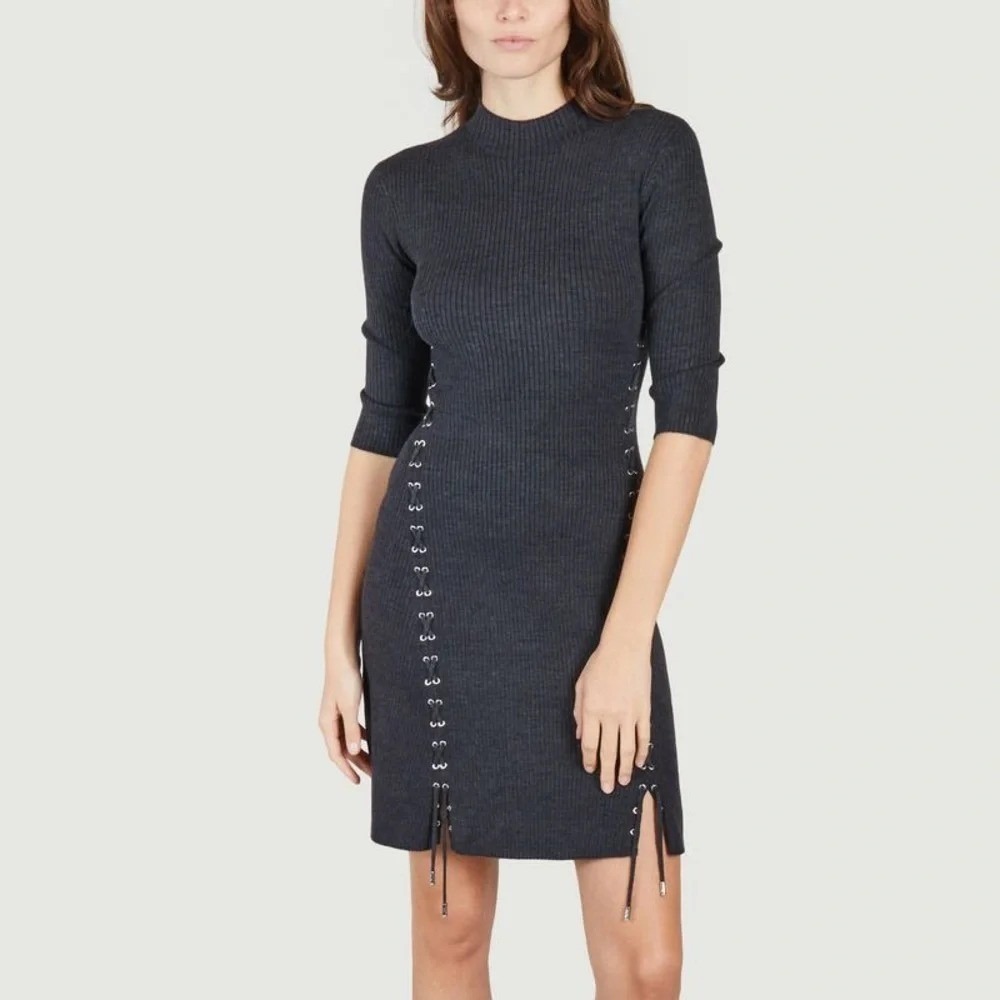 Maje Lattice Mini Dress Size 38 Black Wool Roleana Knit Mock 3/4 Sleeve Pullover